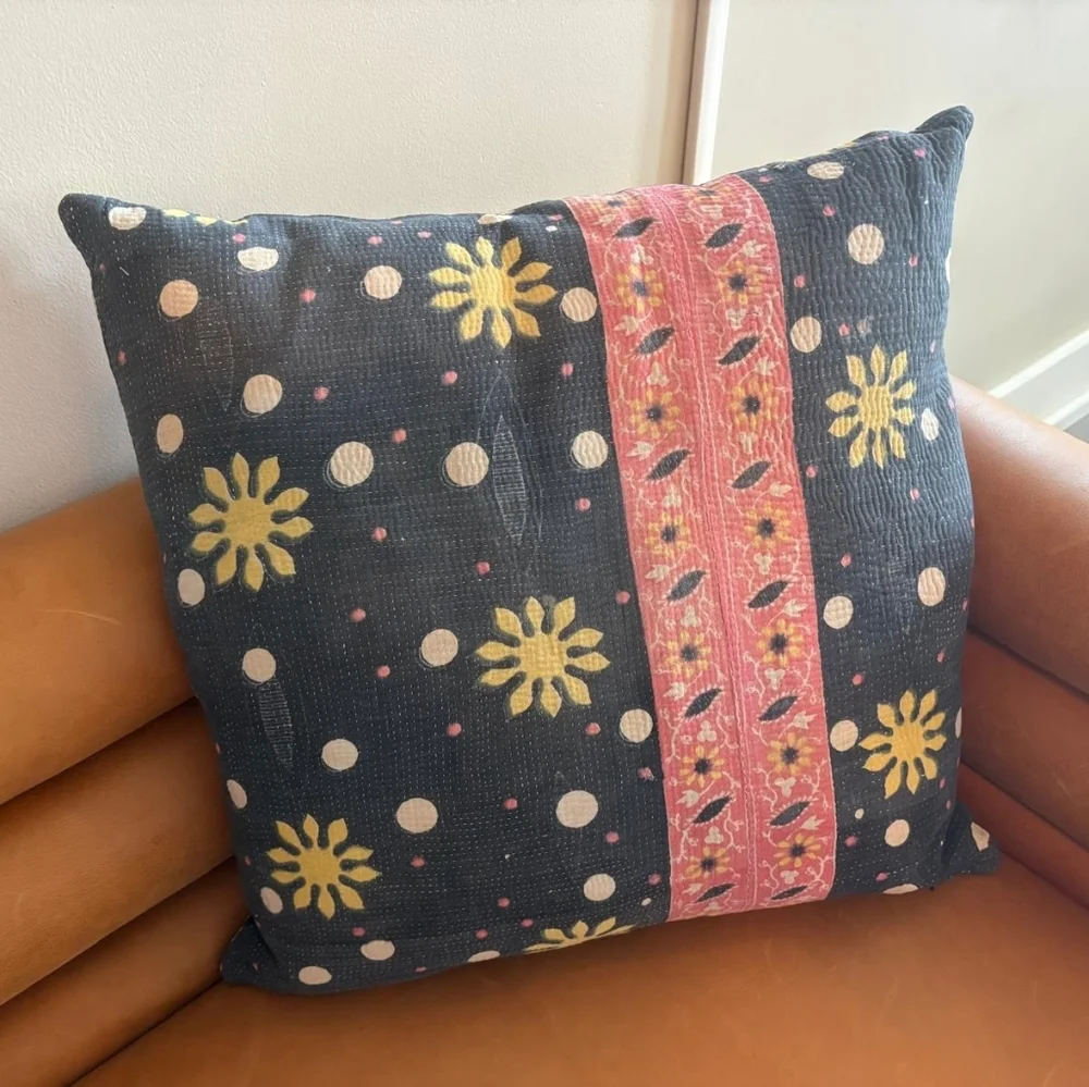 NWT Vintage One Of A Kind Sari Kantha Pillow-22in Black and Yellow Celestial